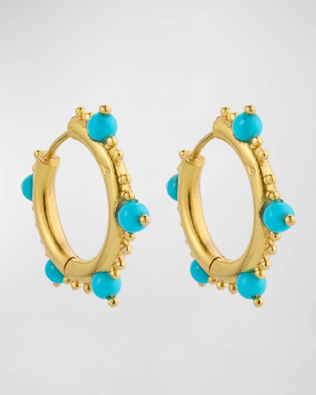 19K Yellow Gold Small Hammered Hoop Earrings with 5 Sleeping Beauty Turquoise Beads